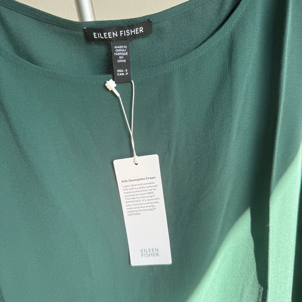 NWT Eileen Fisher Silk Georgette Crepe Boat Long Shell Tunic Pine Sz S - Picture 6 of 7